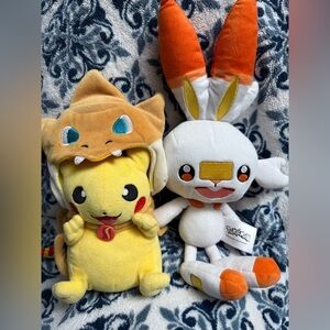 Pokemon Pikachu in costume and Scorbunny Stuffed Animals